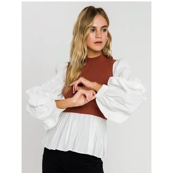 Anthropologie Tops - Anthropologie Peter Pan Ribbed Sweater Vest With White Ruffled Sleeve Blouse